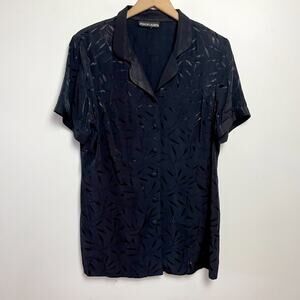 Vintage 90s Button Up Blouse Sz XL Black Satin Leaves Minimalist Whimsigoth